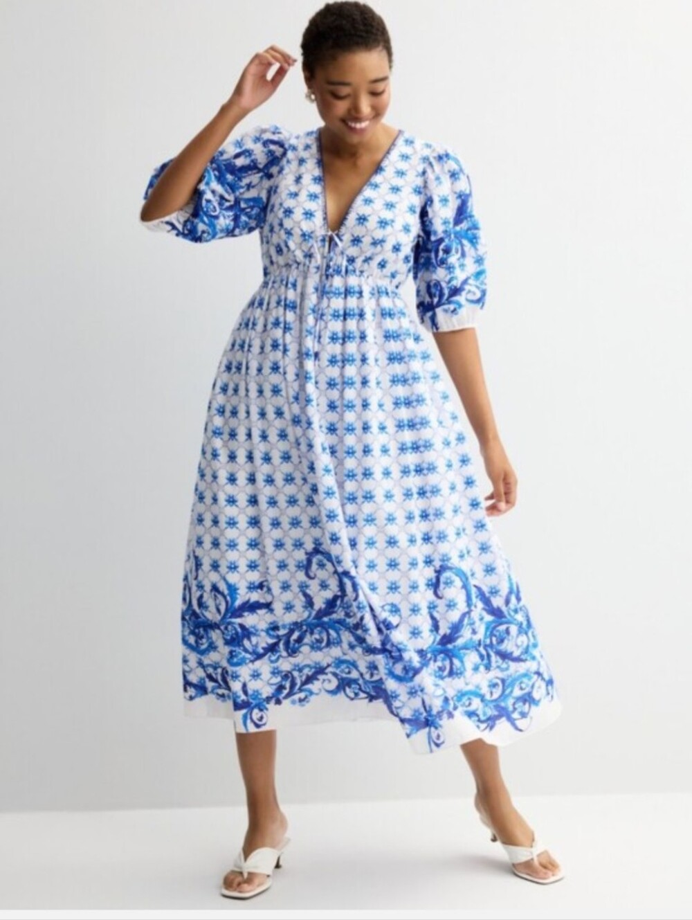 Farmers Market Cottagecore Cotton Puff Sleeve Floral Midi Dress Size Medium